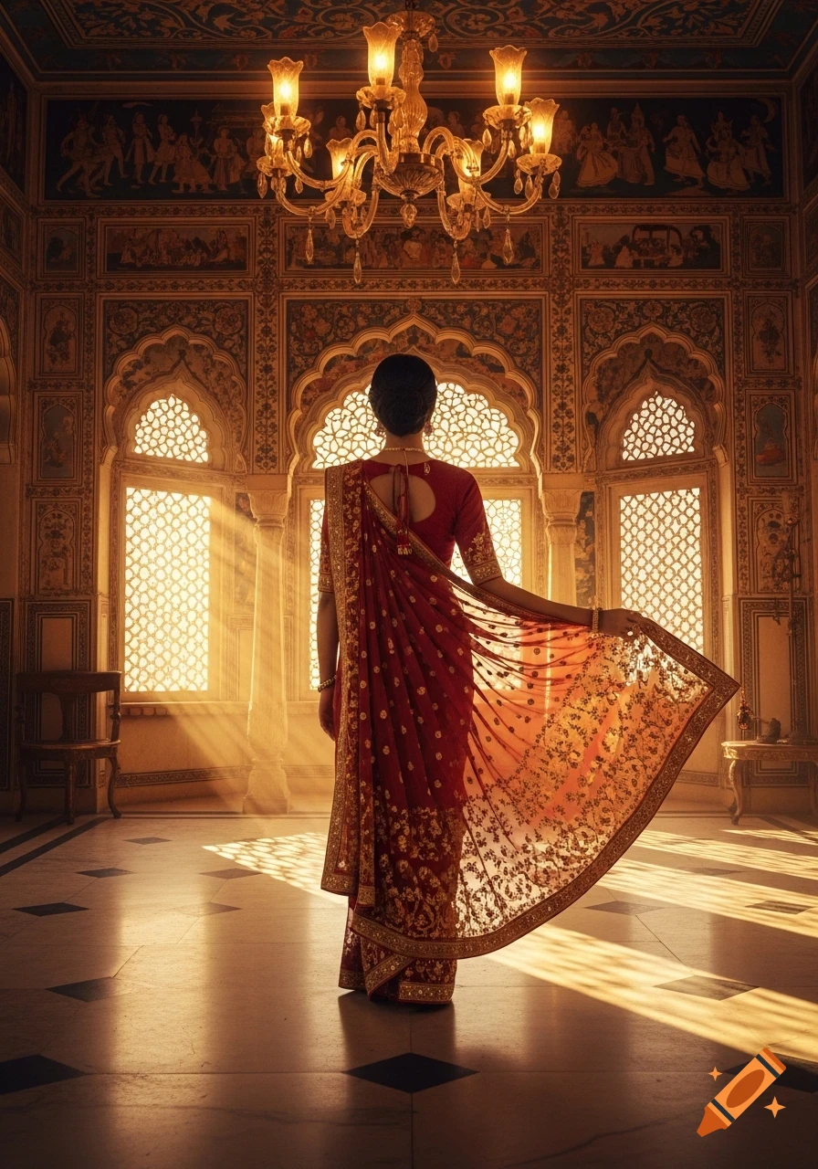 Rear view of a woman in a red and gold saree standing in a sunlit opulent Indian palace.