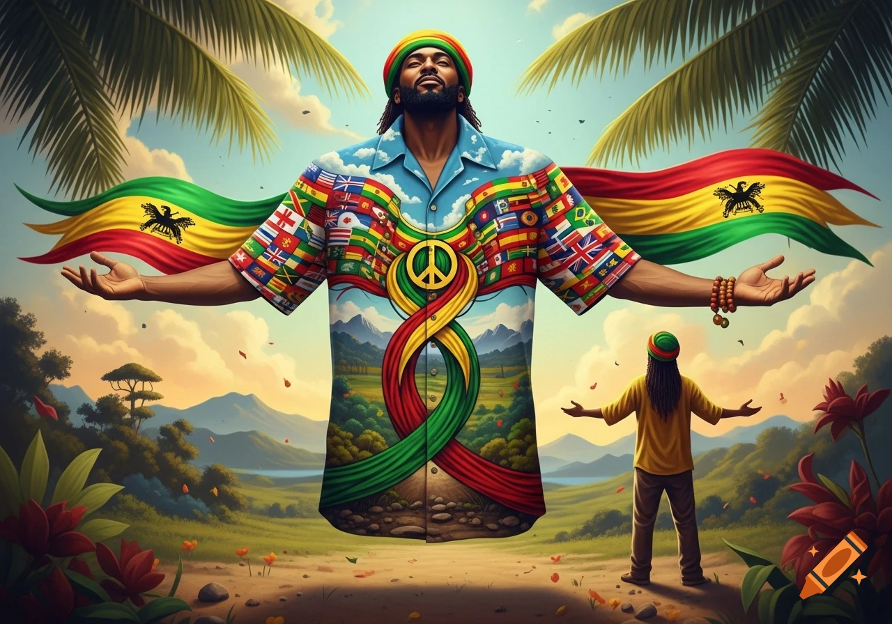 Vibrant illustration of a Rastafarian man in a flag-patterned shirt with a peace sign, arms outstretched, against a lush landscape and sky. A smaller figure stands below.