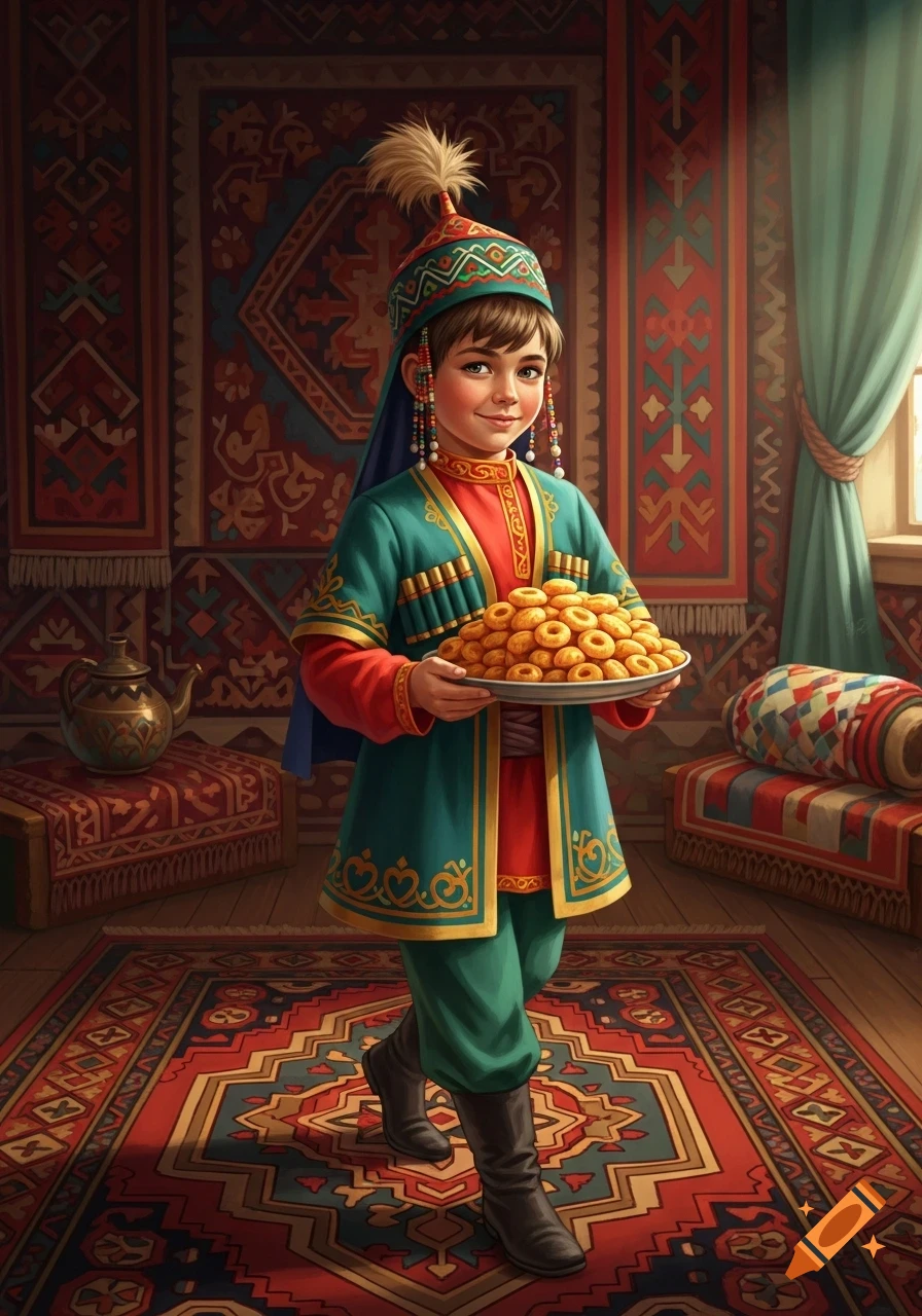 A young boy in a green and red Tatar traditional costume and hat, tiptoeing while carrying a plate of chak-chak in a room with patterned rugs.