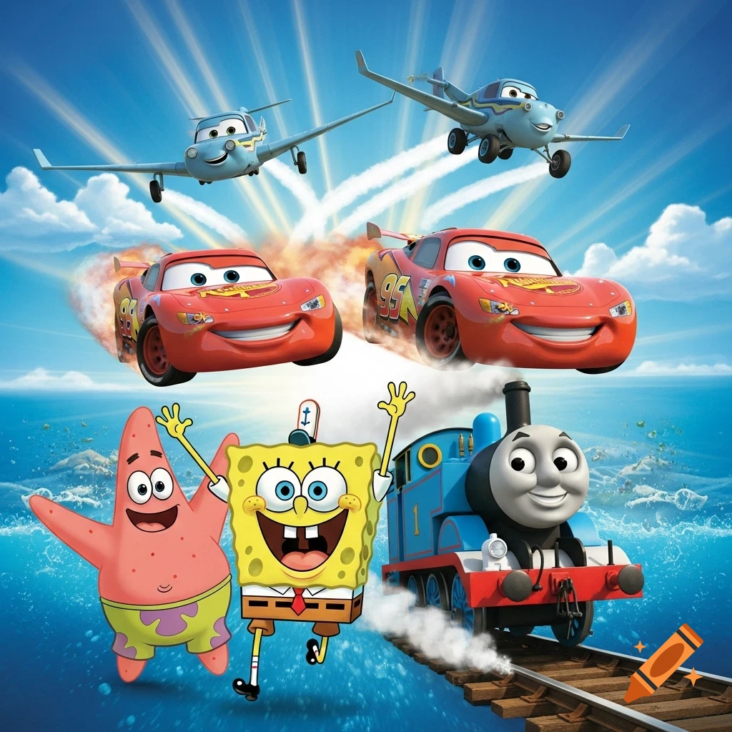 SpongeBob, Patrick, two Lightning McQueen cars, two Dusty Crophopper planes, and Thomas the Tank Engine in an action scene.