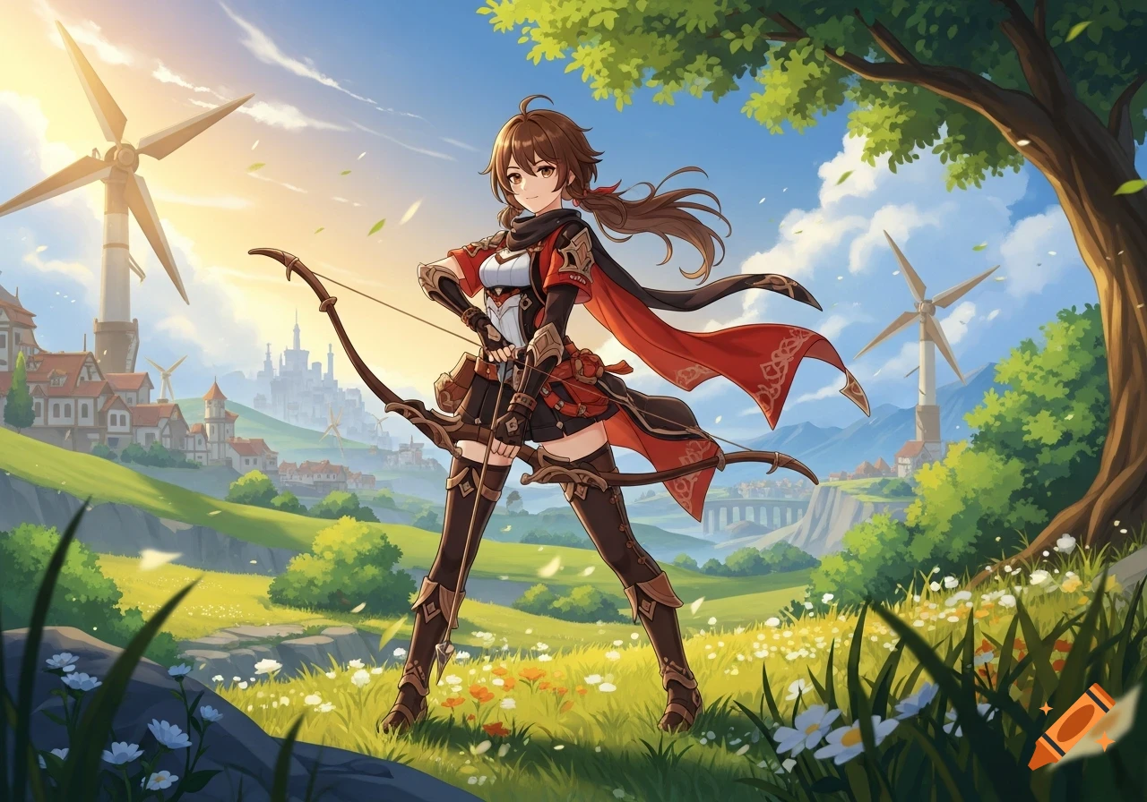 Anime-style Amber from Genshin Impact stands in a sunny grassy field with a bow, a village with windmills and mountains in the background.