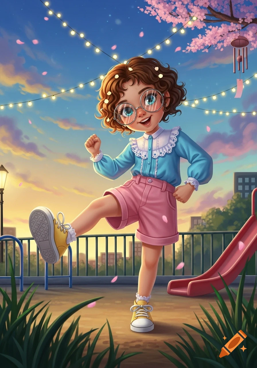 A happy cartoon girl with curly hair and glasses poses in a playground at sunset, with string lights and cherry blossoms.