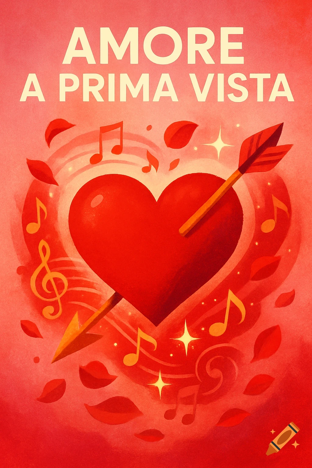 A vibrant red poster illustration with a heart pierced by an arrow, surrounded by musical notes and leaves. Text reads 'AMORE A PRIMA VISTA'.