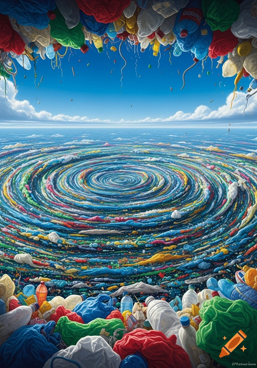 A vibrant, illustrative image showing a massive vortex of colorful plastic waste swirling in a blue ocean, with more plastic debris framing the top and bottom.