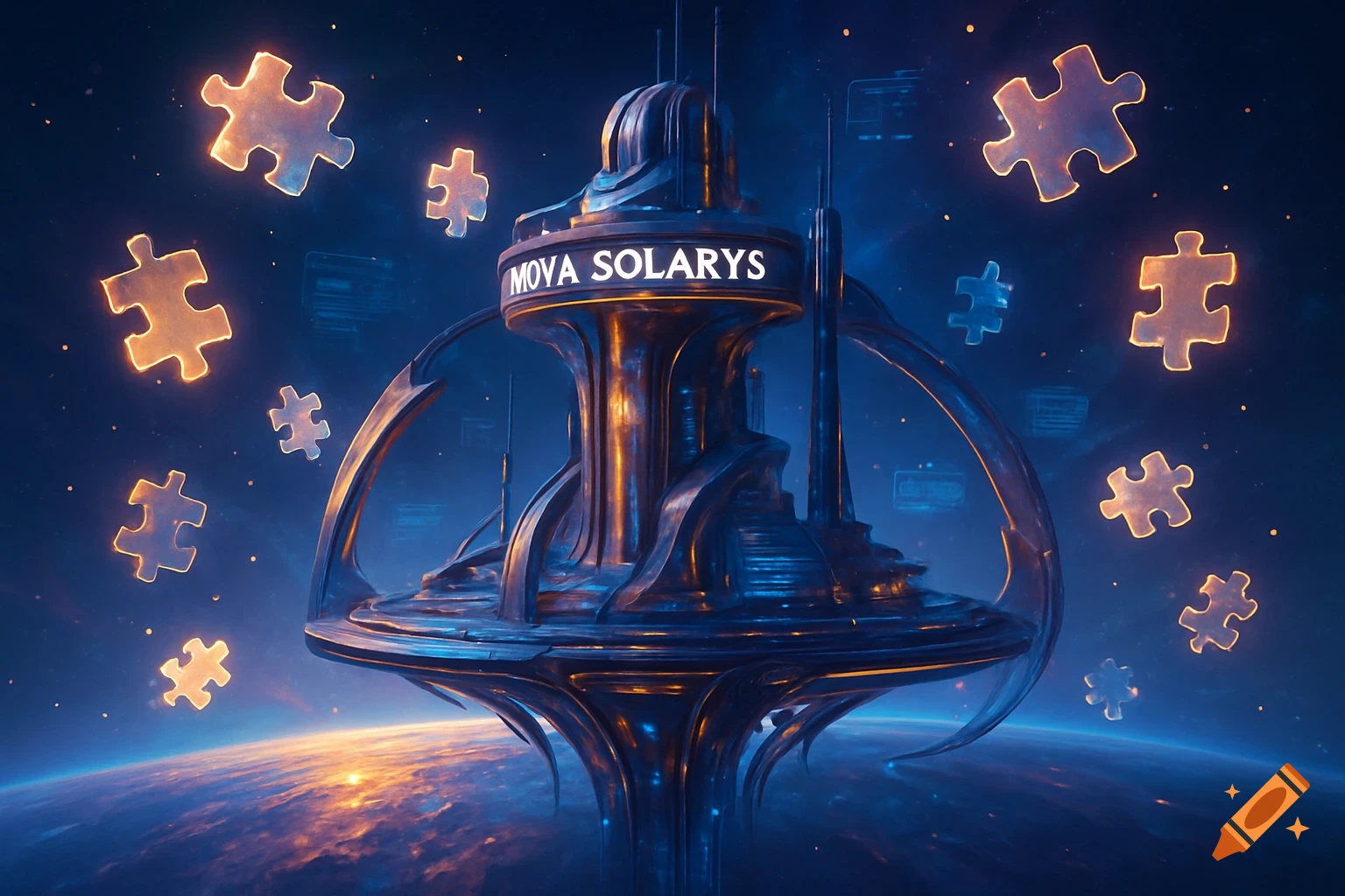 A futuristic space base labeled "MOVA SOLARYS" floats above a glowing planet, surrounded by radiant puzzle pieces in a deep blue cosmos.