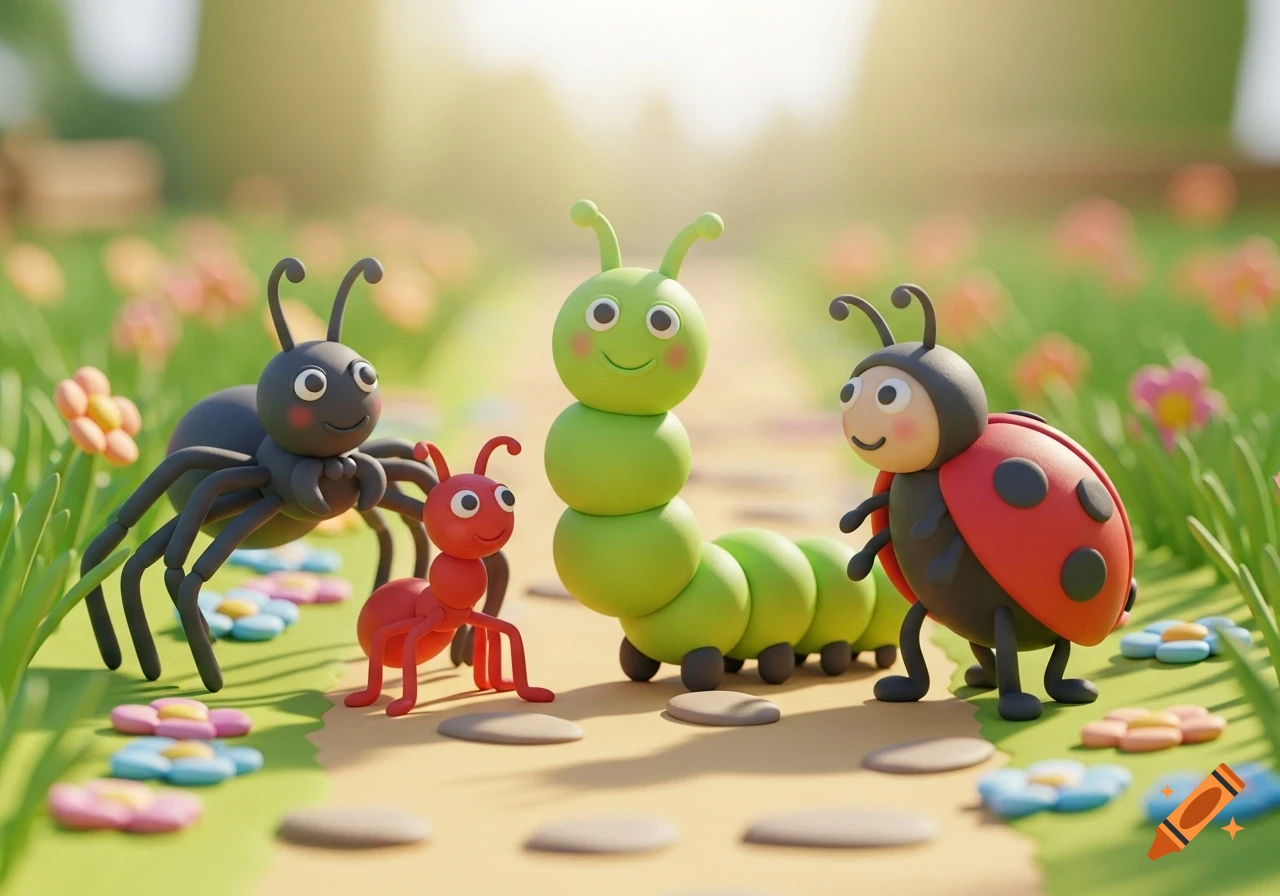 A clay-style 3D illustration of a green caterpillar, black spider, red ant, and red ladybug in a sunny garden.