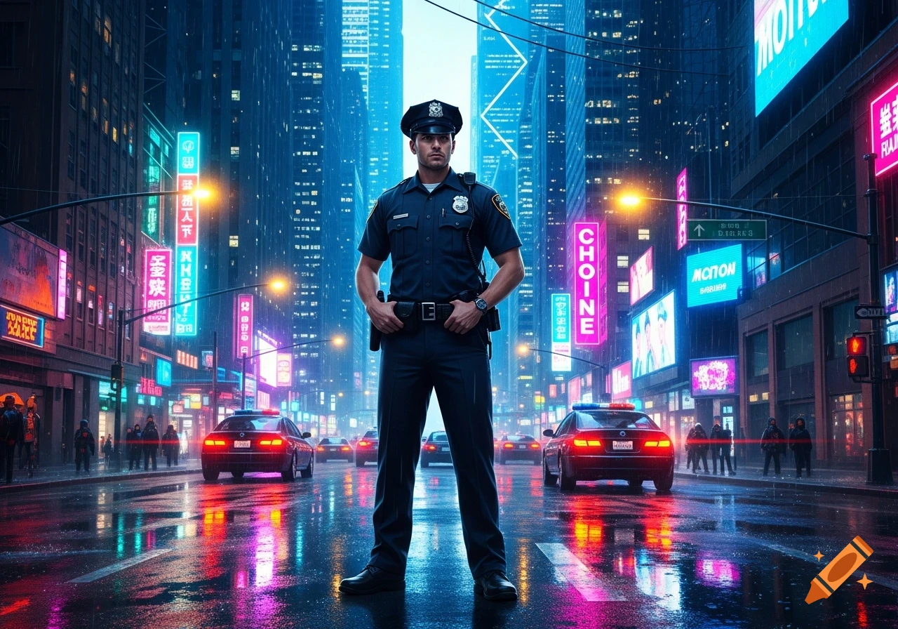 A stoic police officer in uniform stands in the middle of a neon-lit ...