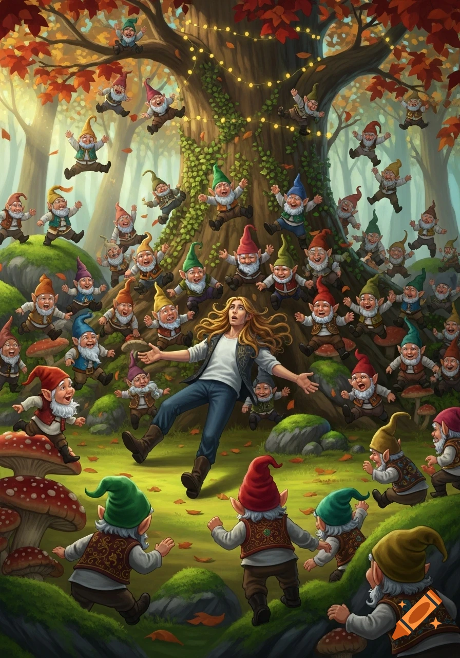 An illustrated fantasy scene: a man with long hair stands among numerous joyful gnomes jumping around him in an autumn forest.