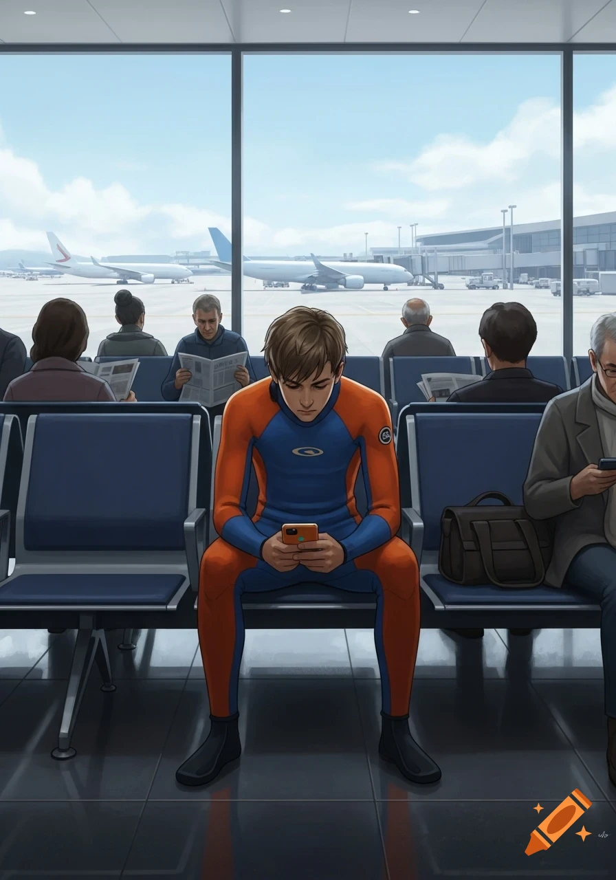 An illustration of a teenager in an orange and blue wetsuit looking at a phone while sitting in an airport waiting area, with other travelers and airplanes visible through a large window.
