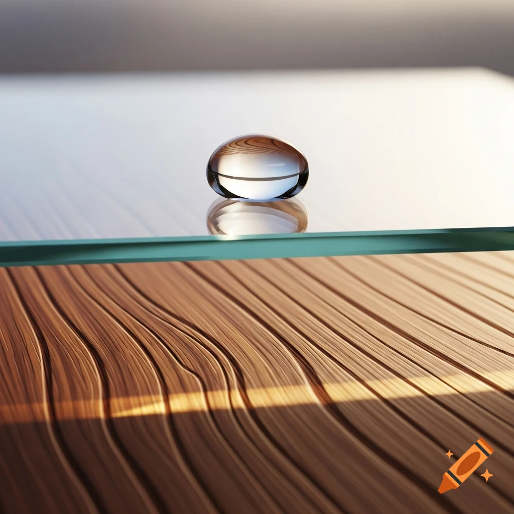 A crystal-clear water droplet rests on a reflective glass surface above a textured, wavy wooden background, in a close-up photorealistic shot.