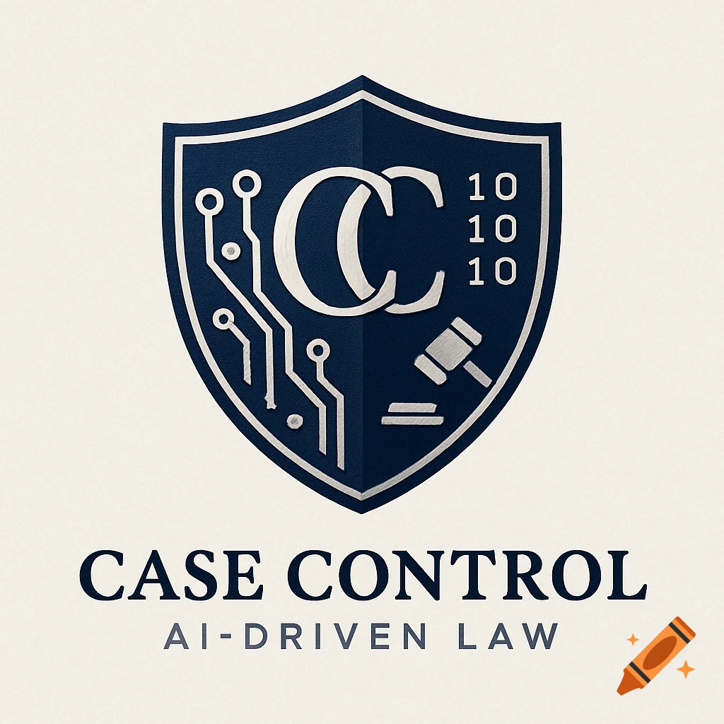 A blue shield logo with 'CC' initials, circuit board elements, a gavel, and 'CASE CONTROL AI-DRIVEN LAW' text below.