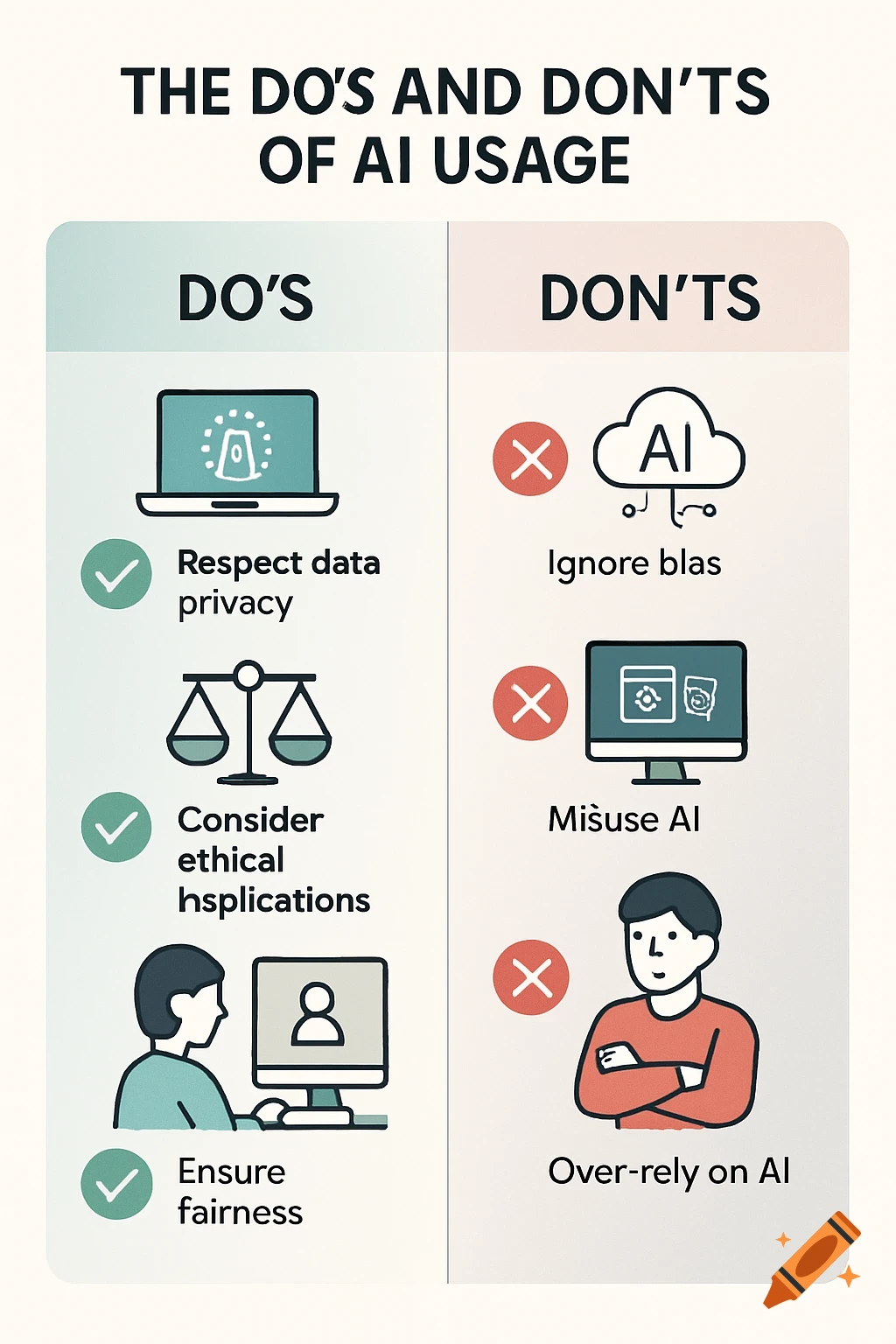 An infographic titled "The Do's and Don'ts of AI Usage" with columns for "Do's" and "Don'ts," listing ethical guidelines for AI.