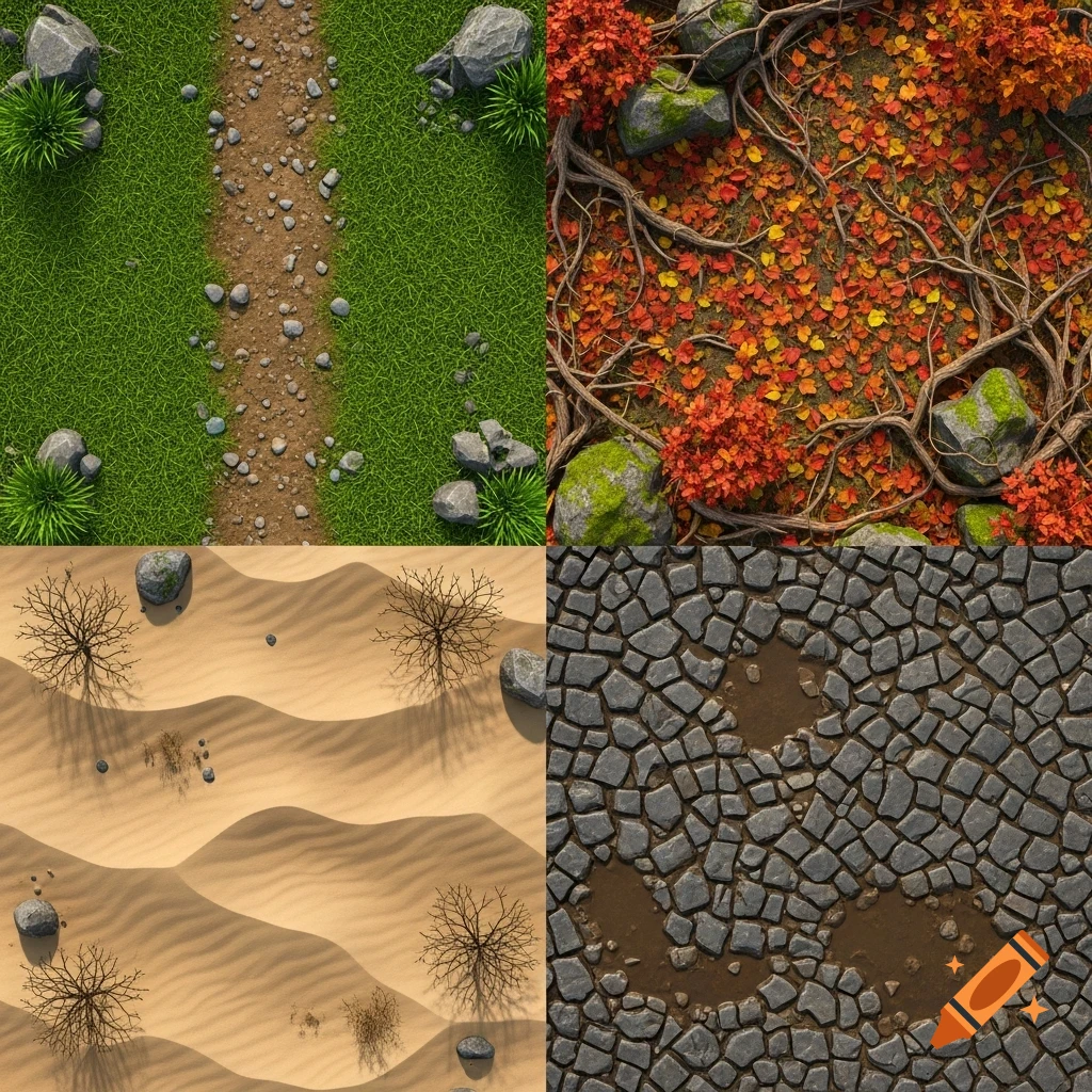 Four distinct top-down video game terrain tiles: lush grass with a dirt path, autumn leaves with roots, sandy desert dunes, and muddy cobblestones.