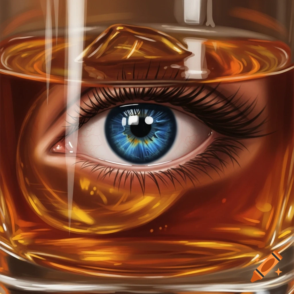 A vibrant blue female eye visible through a glass of amber bourbon with ice, creating a distorted, artistic view.