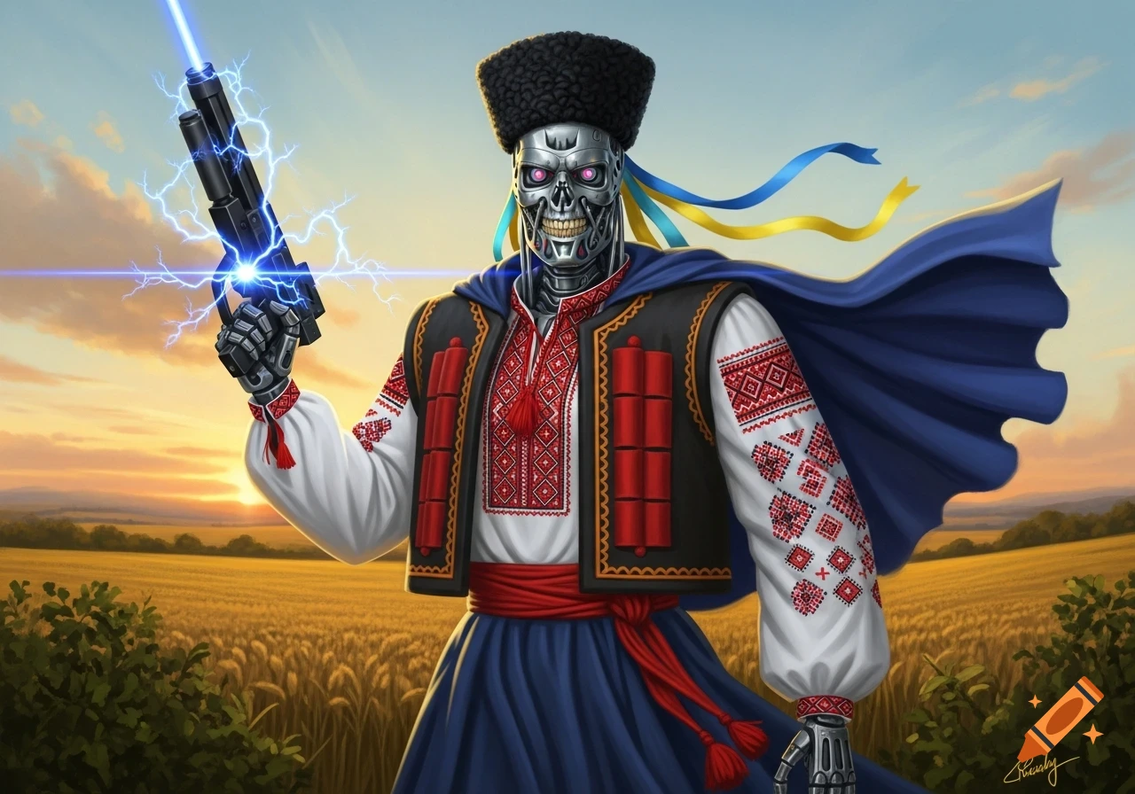 A T-800 Terminator robot in traditional Ukrainian embroidered clothing and a fur hat, holding a glowing laser gun in a wheat field at sunset.