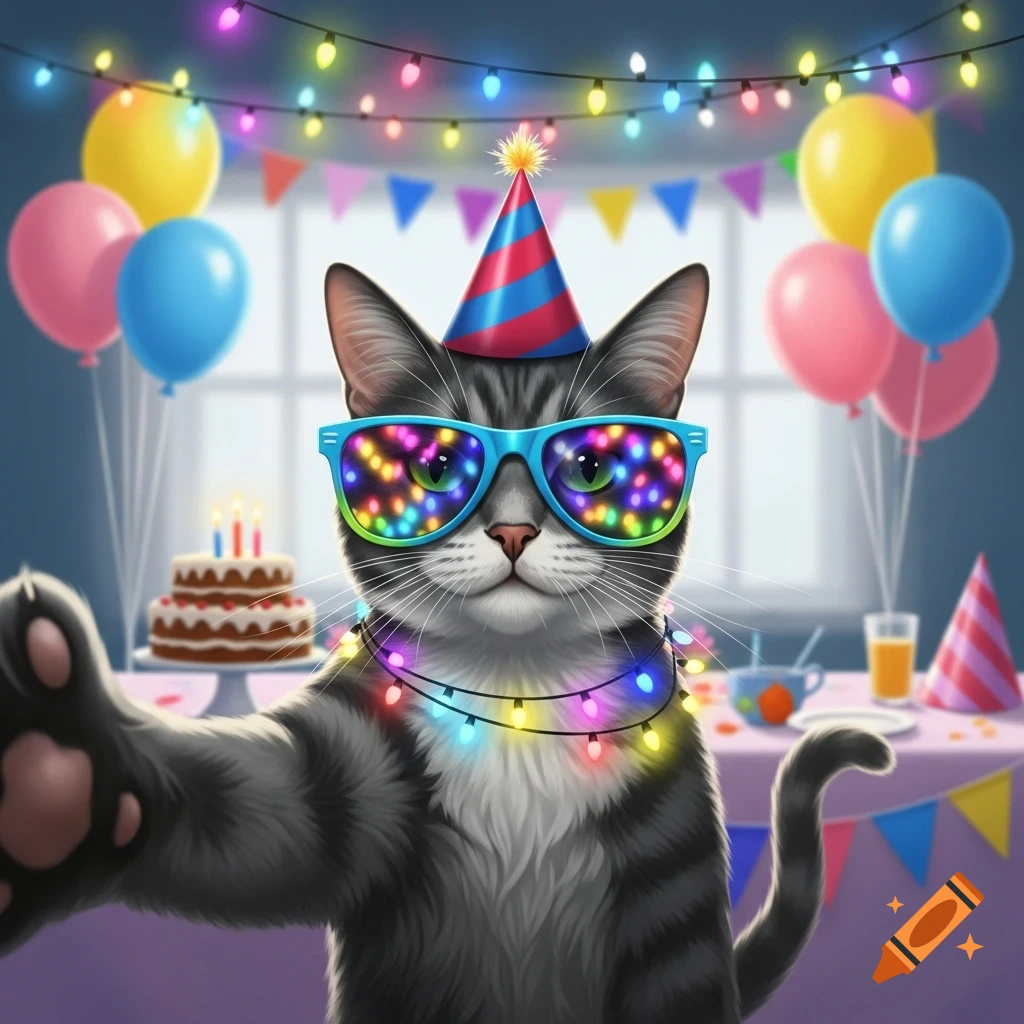 A grey tabby cat wearing a party hat, colorful string lights, and reflective sunglasses takes a selfie at a birthday party with balloons and cake.