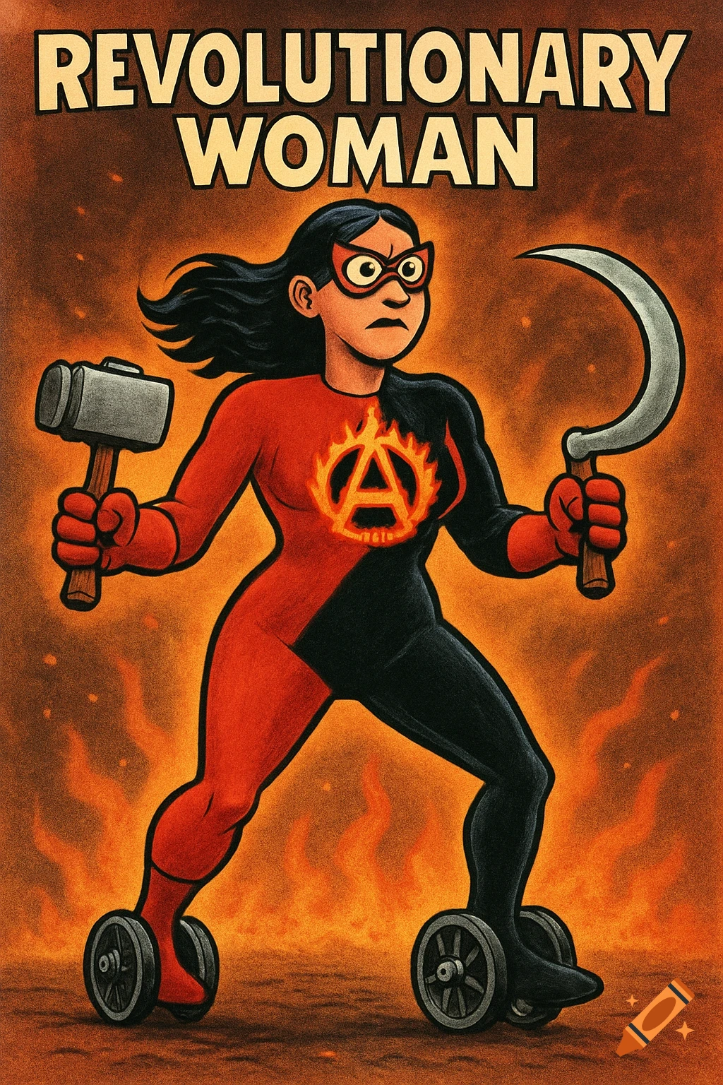Cartoon 'Revolutionary Woman' in red/black suit, anarchist symbol, holding hammer & sickle, with wheels for feet in stylized fire.
