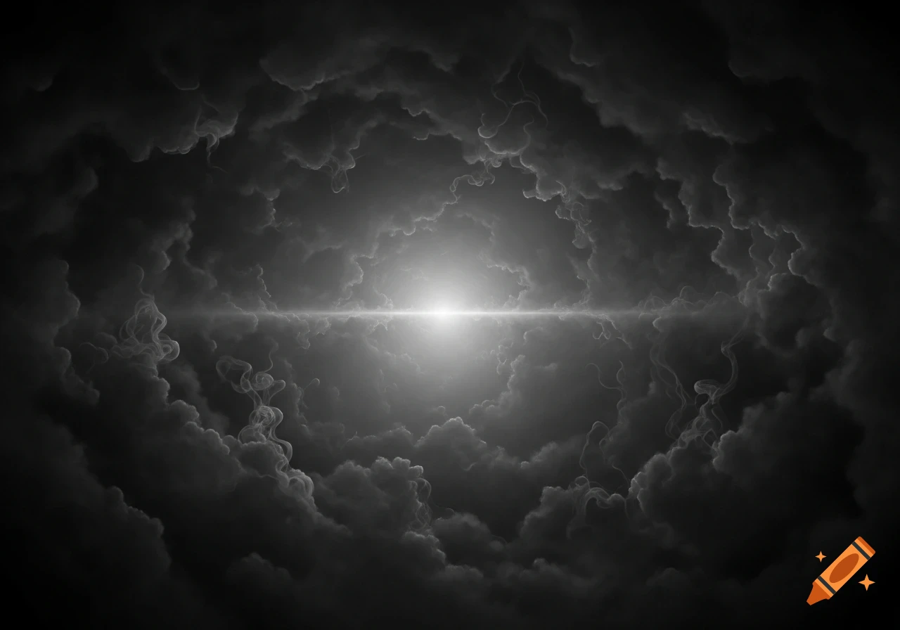 A bright light with a horizontal lens flare shines from the center of dark, swirling storm clouds.