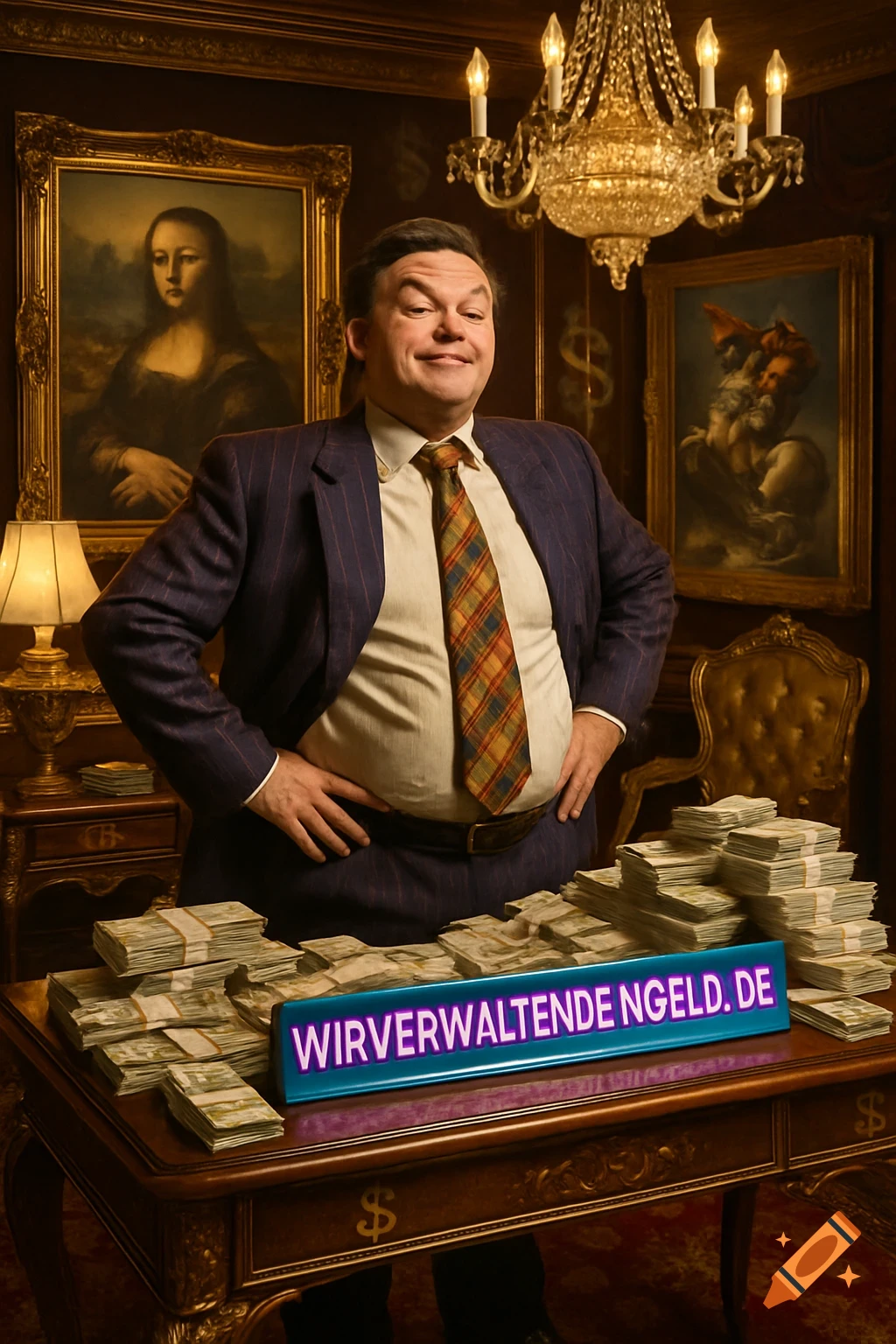 A man in a pinstripe suit grins behind a desk piled with cash and a 'WIRVERWALTENDEINGELD.DE' sign, in a room with paintings.