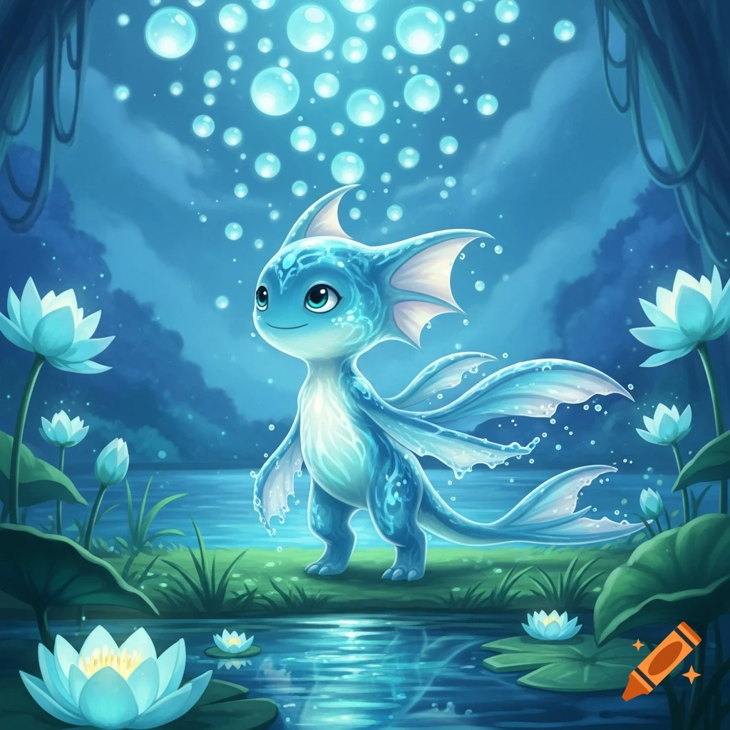 A cute, light blue water-dragon creature with fins and a long tail stands by a pond filled with glowing water lilies and rising bubbles in a magical blue forest.