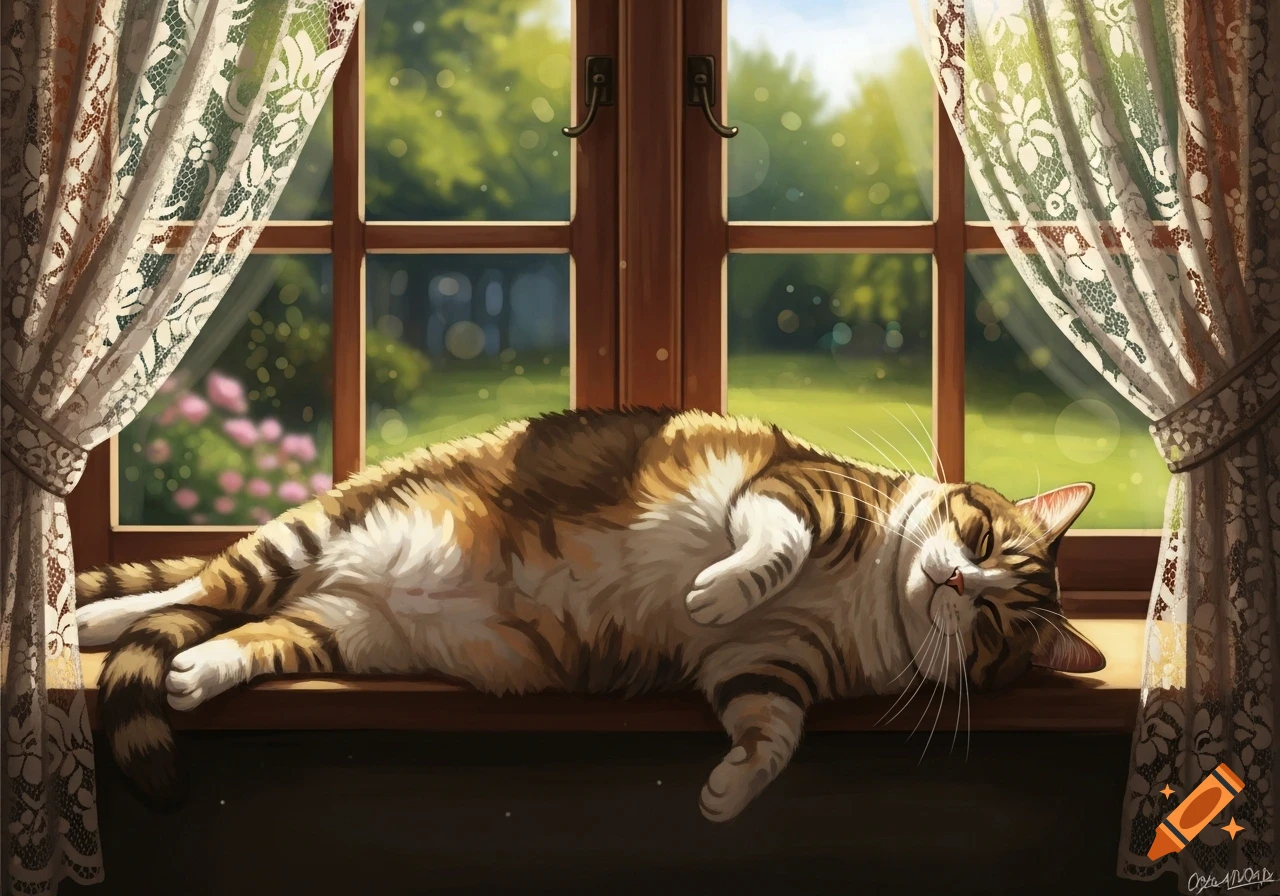A fluffy tabby cat sleeps peacefully on a sunlit wooden windowsill, with lace curtains and a green outdoor view.