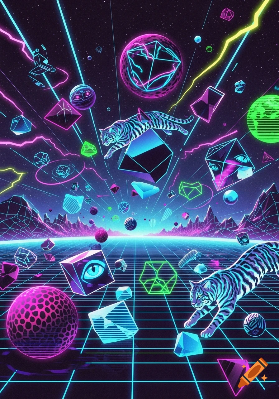 Vibrant neon tigers and geometric shapes float through a retro-futuristic, computerized landscape with a glowing grid horizon.