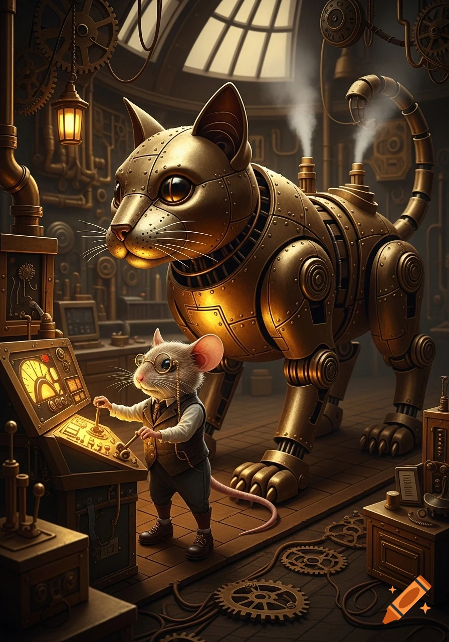 A small mouse in glasses operates a control panel next to a large, metallic steampunk cat in a workshop.