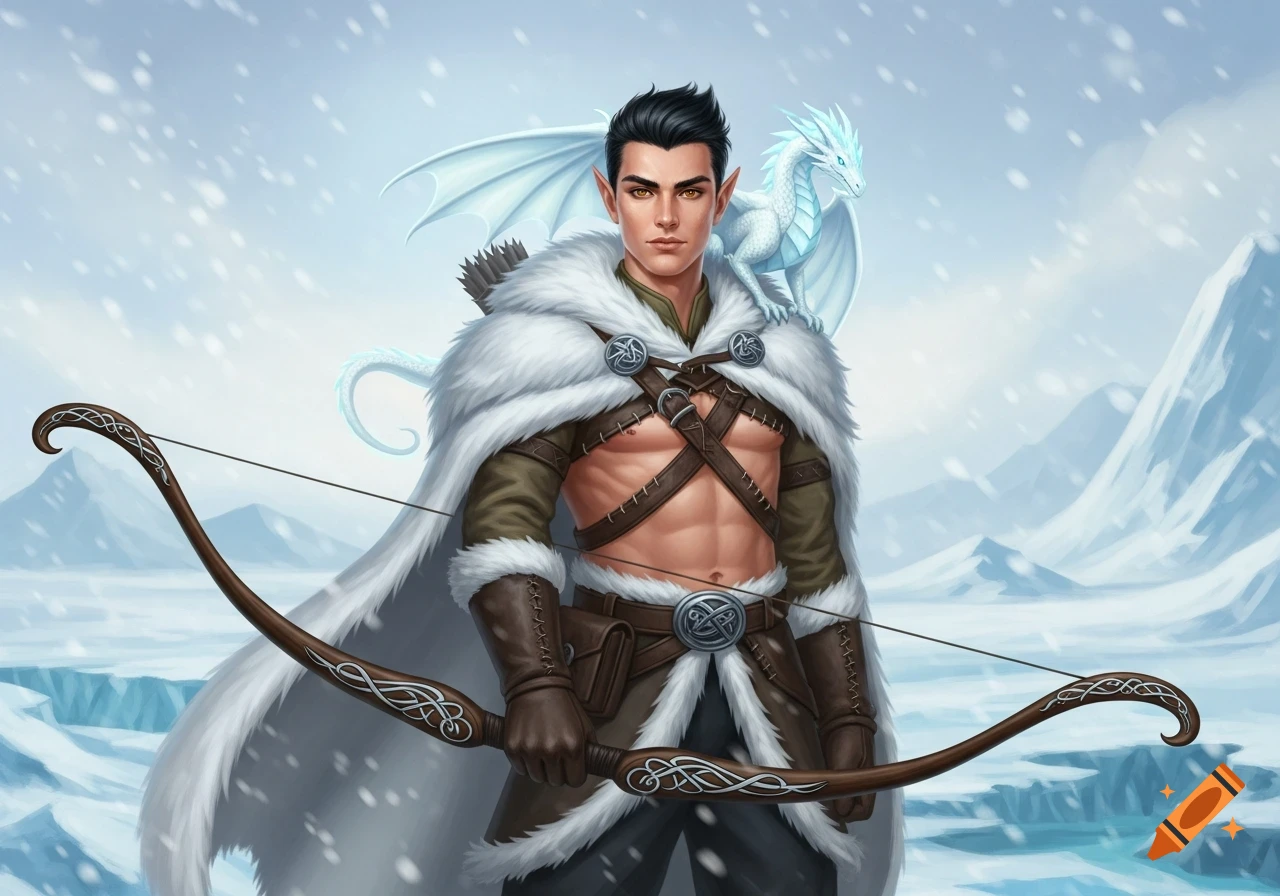 A fantasy illustration of a male wood elf with a white fur cape and longbow, a small white dragon on his shoulder, in a snowy arctic landscape.