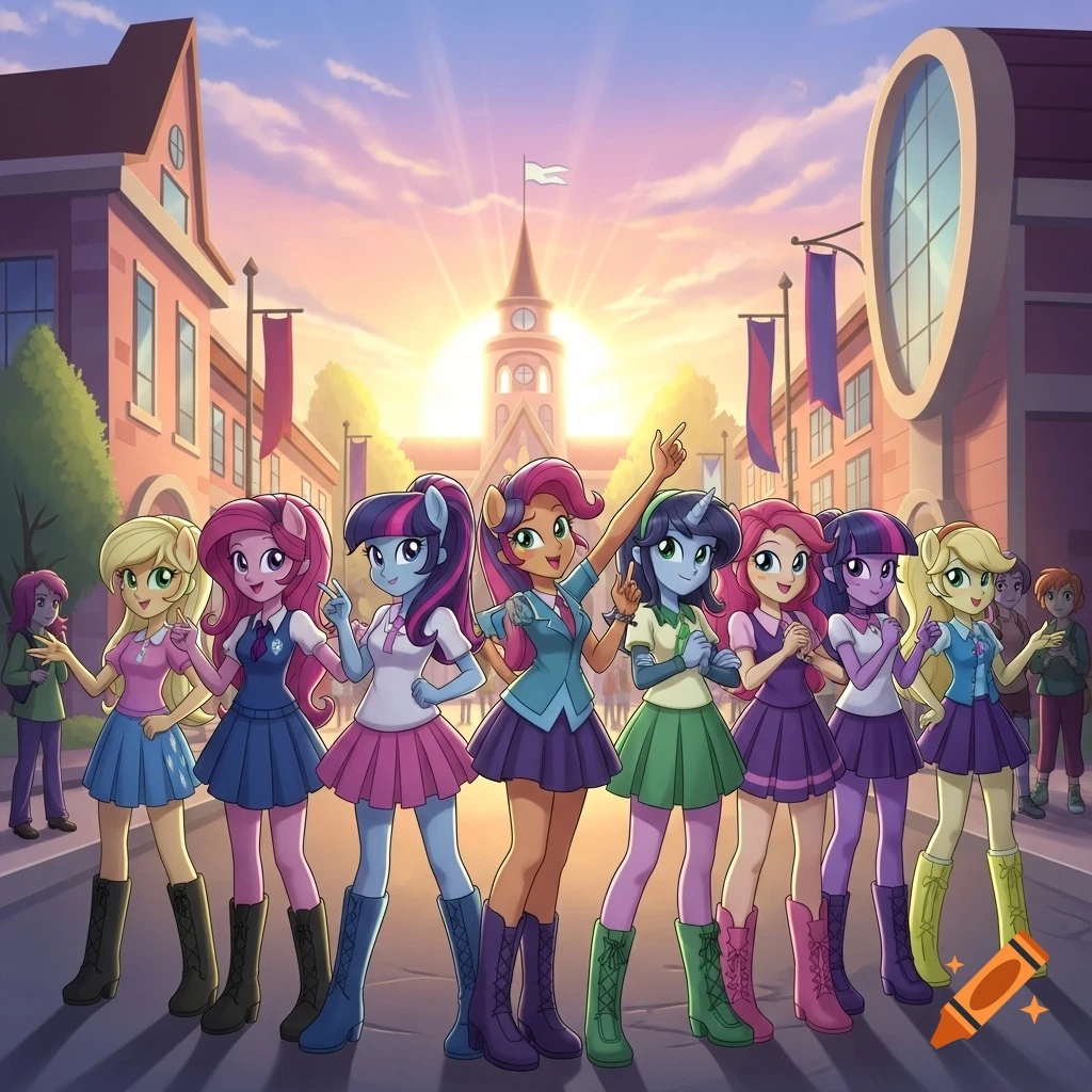 Eight colorful Equestria Girls characters stand outside a school building under a sunset sky, smiling.