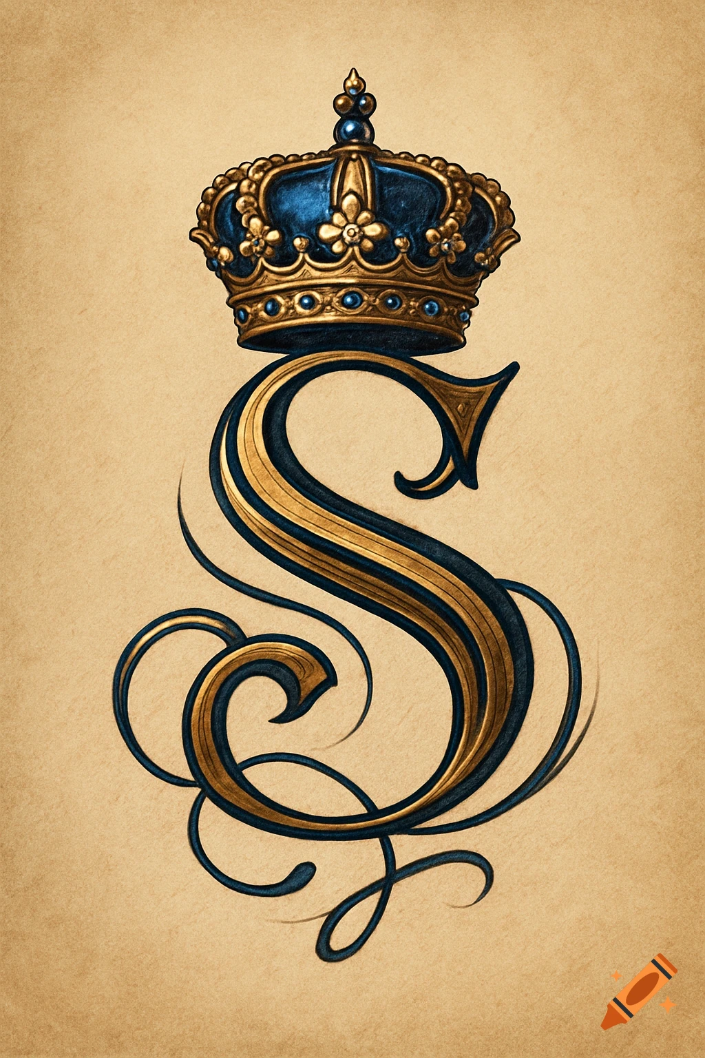 A richly detailed, ornate gold and blue letter S monogram, topped with a crown, on a textured beige background.