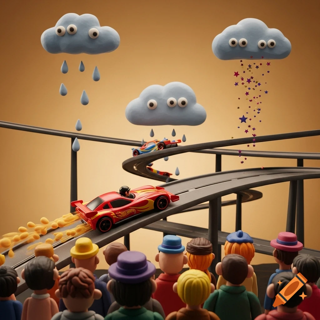 Vibrant claymation of a red Hot Wheels-style car on an elevated track, watched by a clay audience. Cartoon clouds rain water and stars.