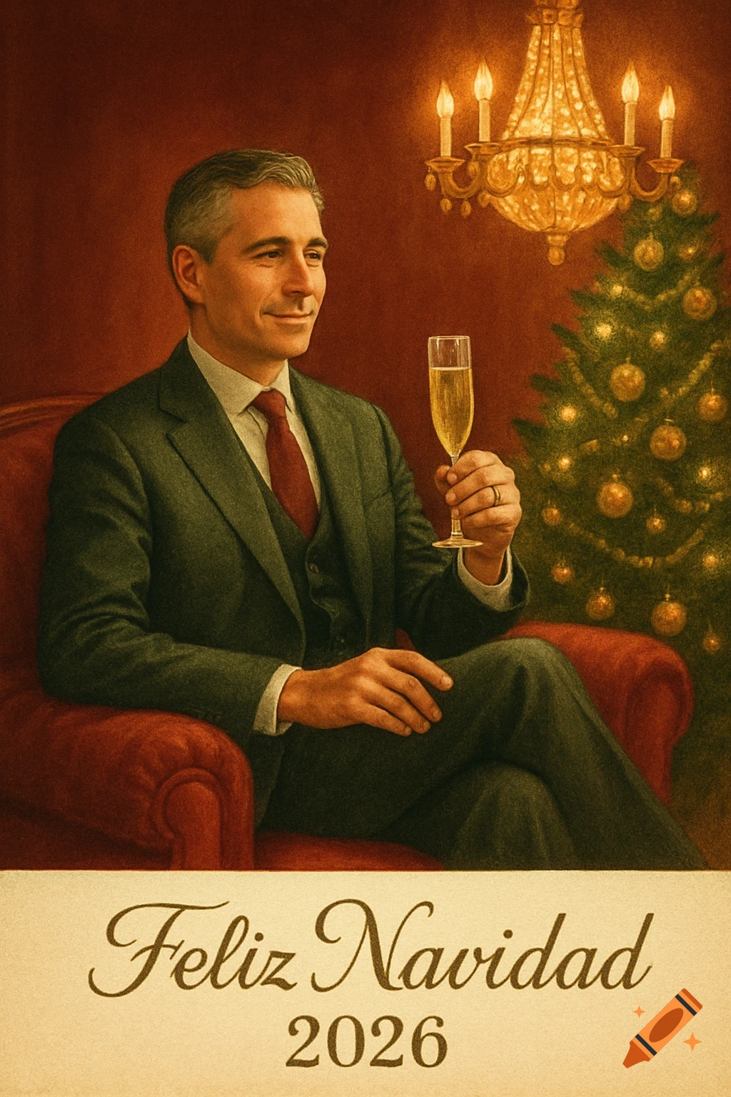 A man in a dark suit sits in a red armchair, holding a champagne glass, next to a decorated Christmas tree and chandelier. Text below reads 'Feliz Navidad 2026'.