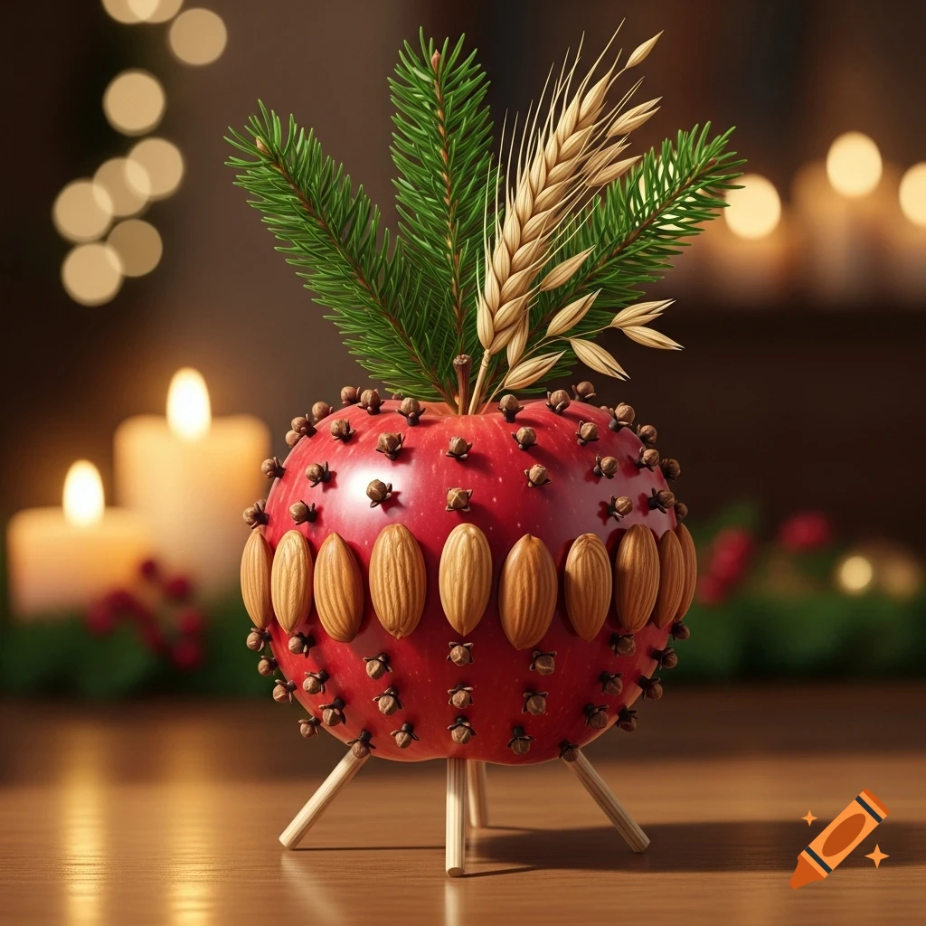 Photorealistic calennigg: a red apple covered in cloves and almond slices, topped with evergreen and wheat sprigs, on a tripod.