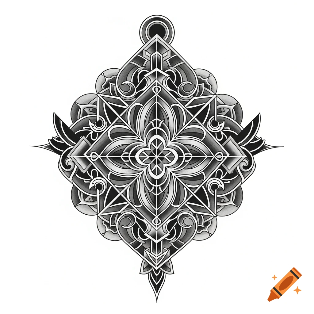 A symmetrical black and white geometric mandala pattern with intricate lines and shading, resembling a tattoo design.