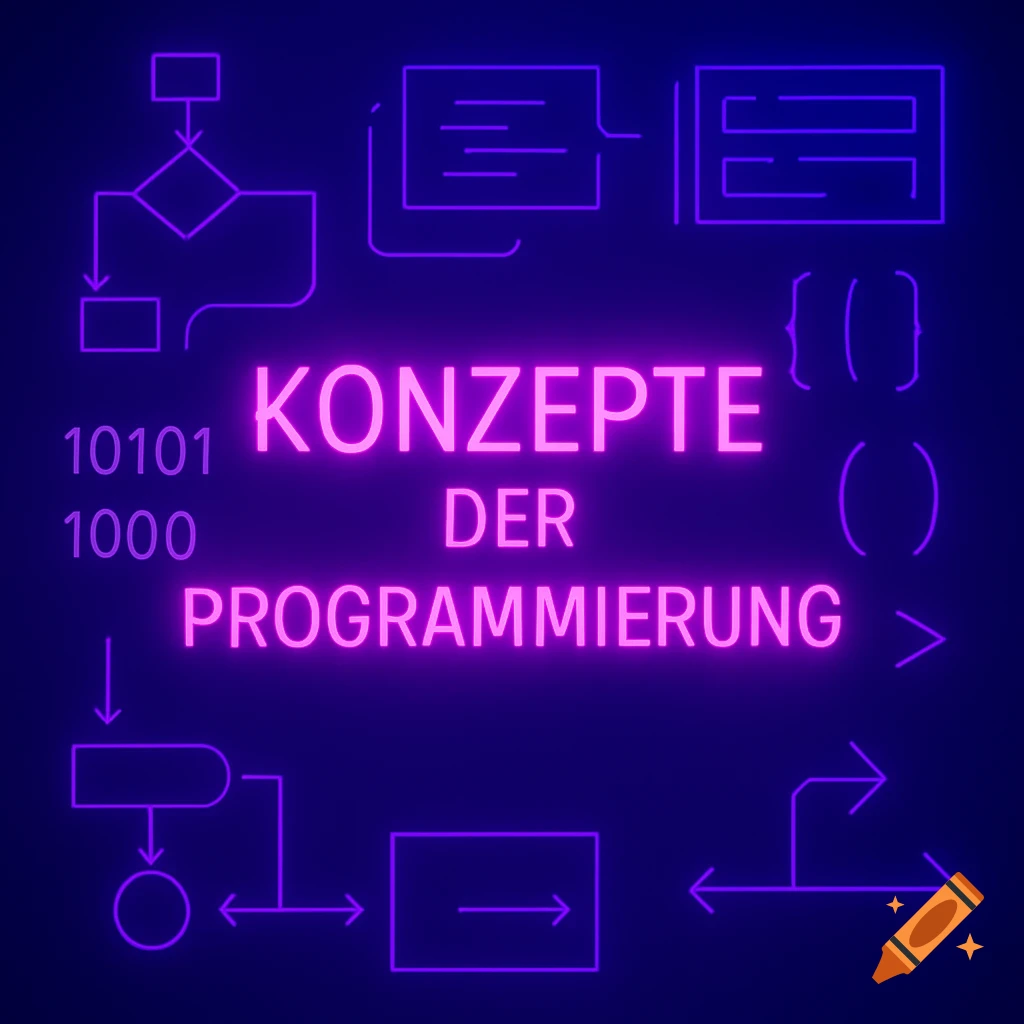 Neon text 'KONZEPTE DER PROGRAMMIERUNG' with abstract programming flowcharts and binary code on a dark blue background.