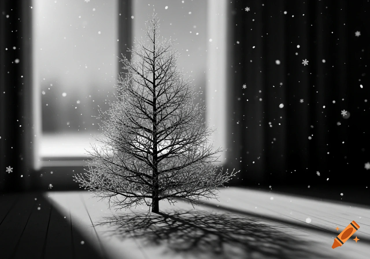 An undecorated Christmas tree standing by a window as snow falls outside, rendered in black and white.