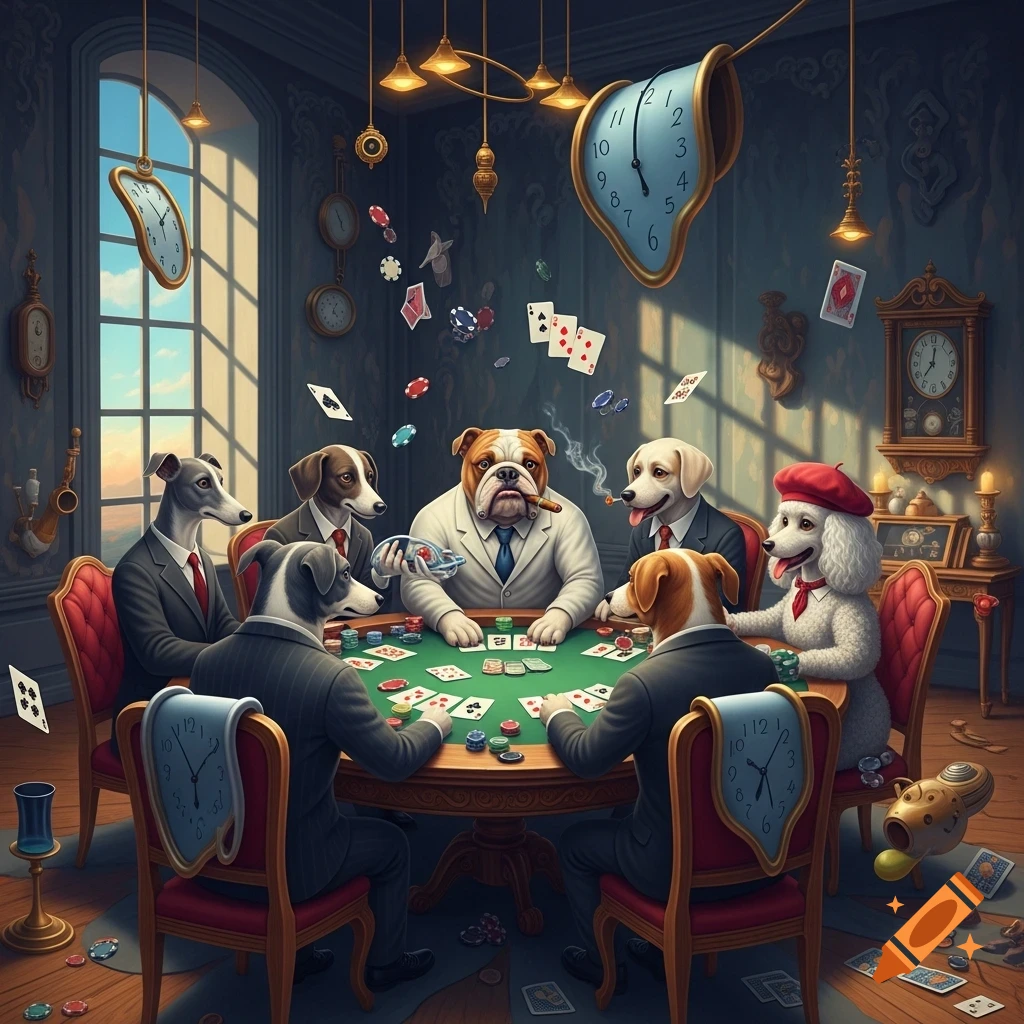 Dogs in suits playing poker at a table with melting clocks and floating cards in a dark, surreal room.