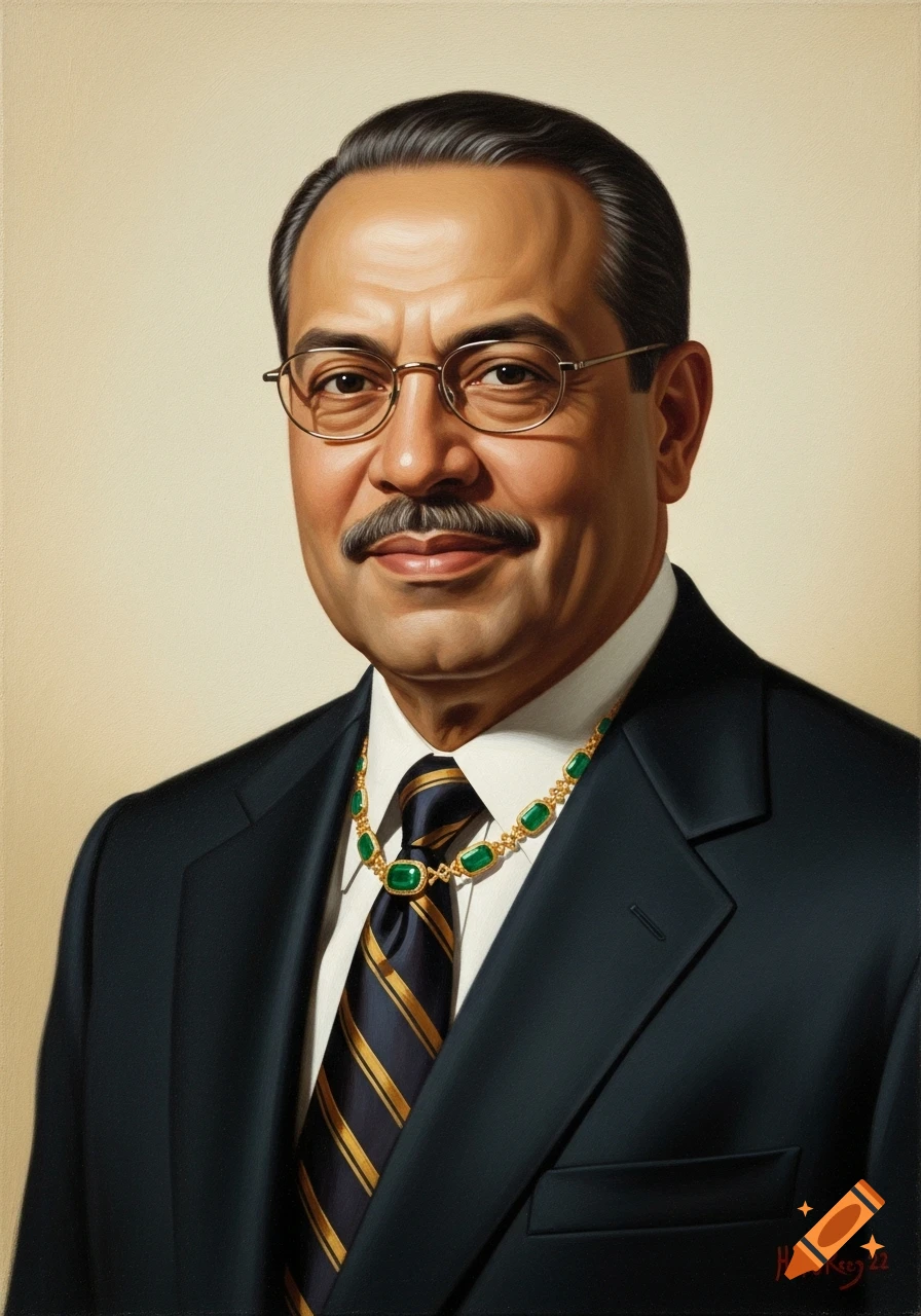 Oil painting portrait of an elegant man with a mustache, glasses, dark suit, striped tie, and green emerald necklace.