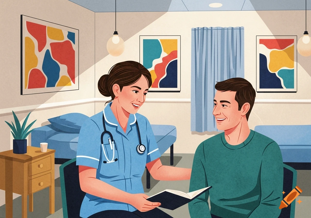A female nurse in blue scrubs talks to a smiling male patient in a hospital room, illustrated in a textured style.