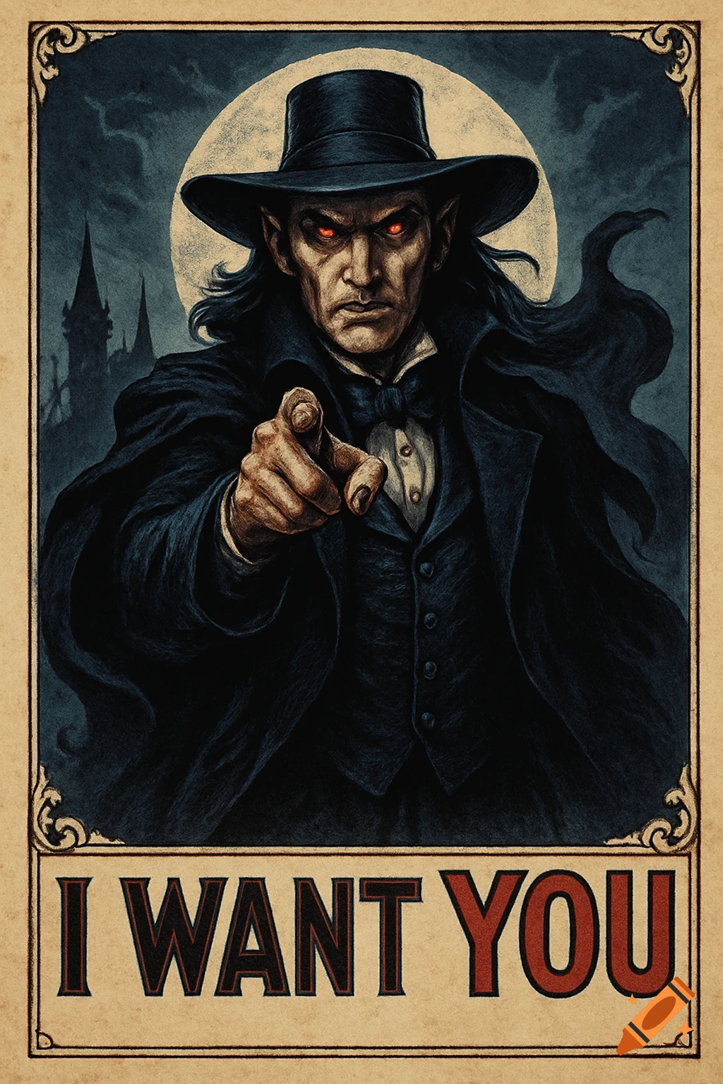 A dark, vintage-style poster showing a vampire in a hat and coat, with red eyes, pointing forward, under a full moon and castle silhouette, with the text 'I WANT YOU' at the bottom.