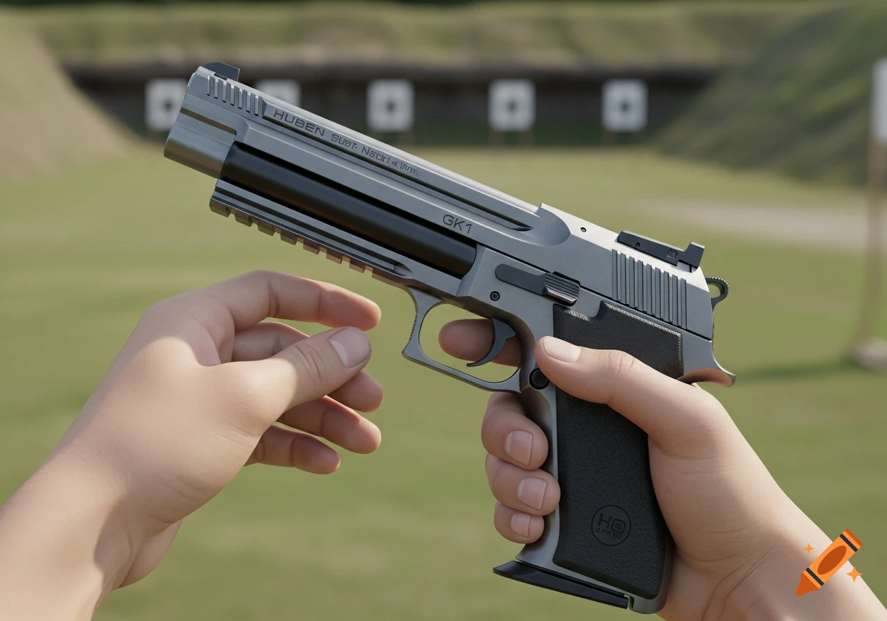 Close-up of a person's hands holding a Huben GK1 pistol at an outdoor shooting range with targets in the background, photorealistic style.