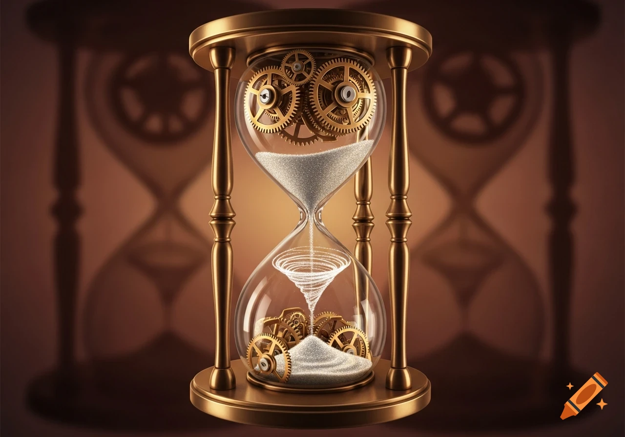 Detailed golden brass hourglass with intricate internal gears at top and bottom, shimmering sand falling in a whirlwind pattern.