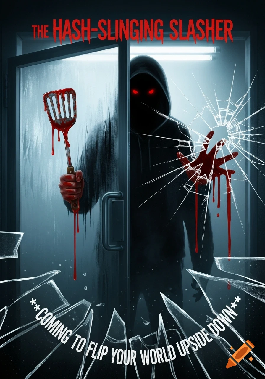 Slasher Breaking Through Window A horror movie poster with a hooded slasher holding a bloody spatula ...