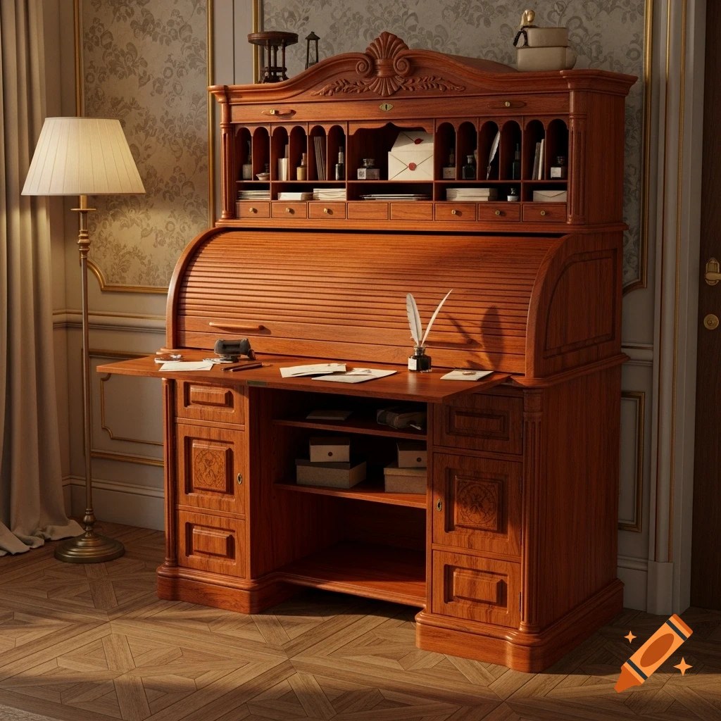 An antique wooden roll-top secretary desk with open compartments, a feather pen, and papers in a classic room.