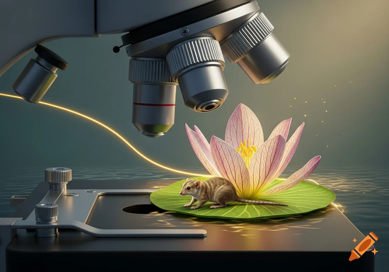 A small mouse-like mammal on a water lily leaf being observed under a detailed microscope with golden light trails.