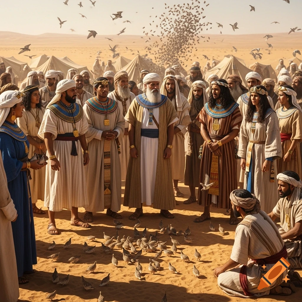 A large group of people in ancient Egyptian-style clothing gather in a sunny desert as quails flock around them and overhead.