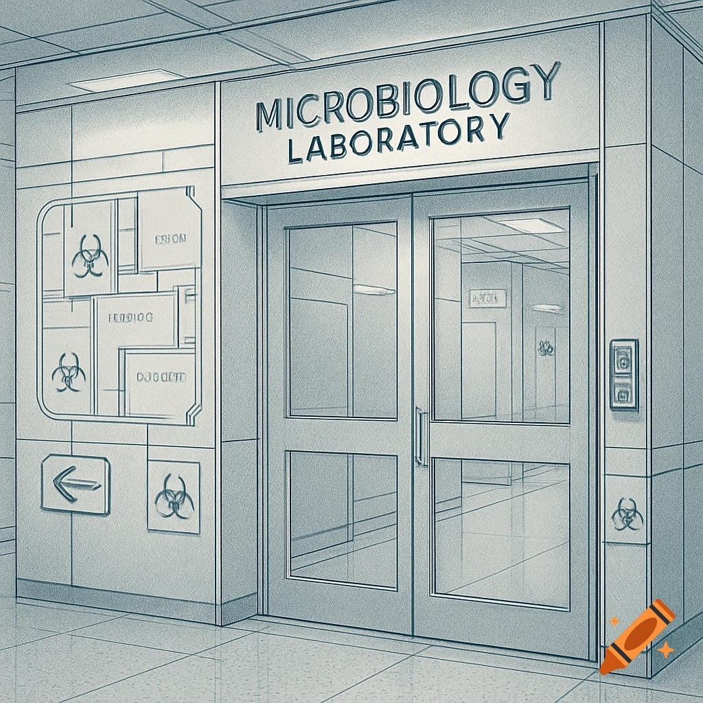 A schematic line drawing showing the entrance to a Microbiology Laboratory, with biohazard symbols and signs on the left wall.