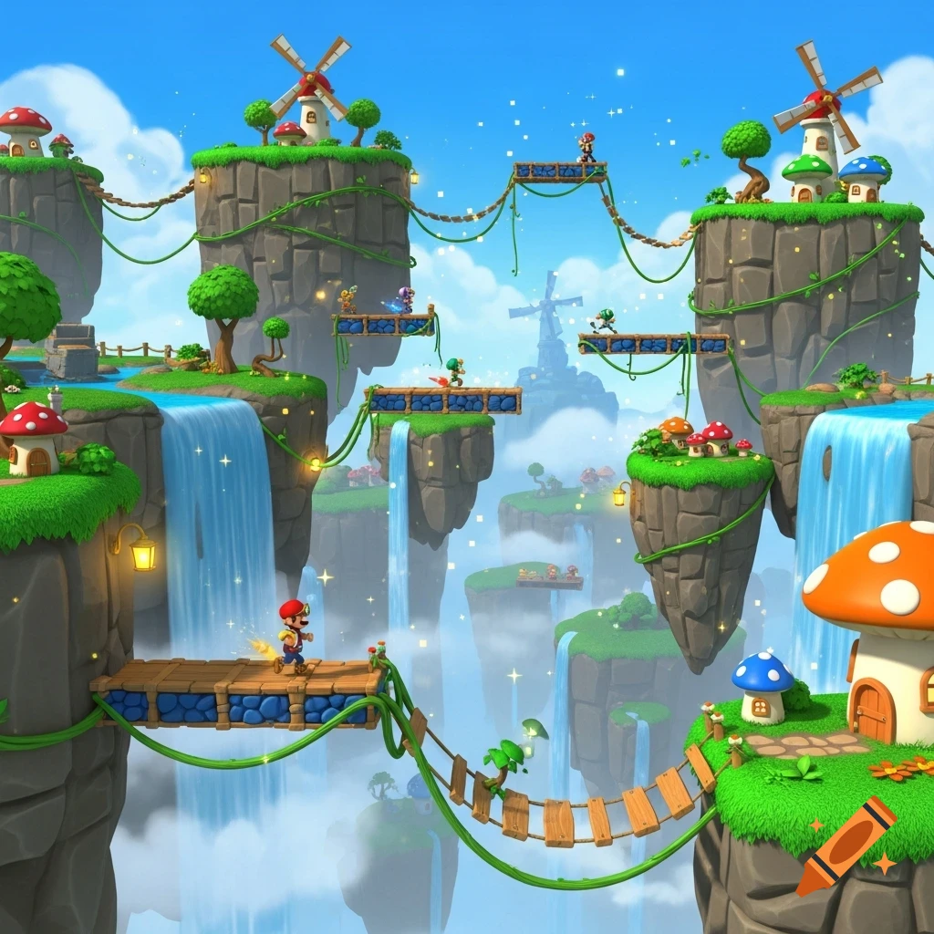 A vibrant 3D cartoon video game scene with Mario-like characters traversing floating islands with waterfalls, windmills, and mushroom houses.