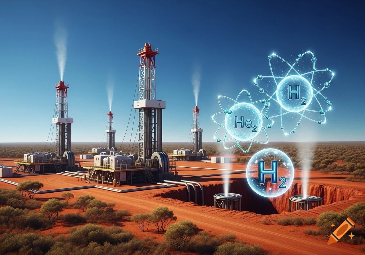 An oil field with multiple drilling rigs on red earth, extracting glowing blue spheres of H2 and He2 molecules from the ground.