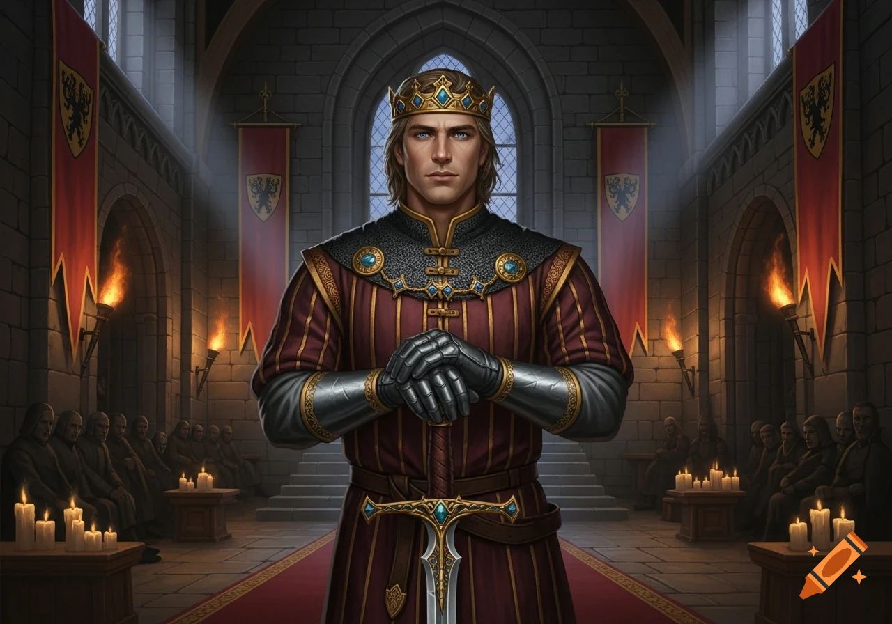 A medieval king in a crown and royal robes stands solemnly with a sword in a torch-lit castle hall.
